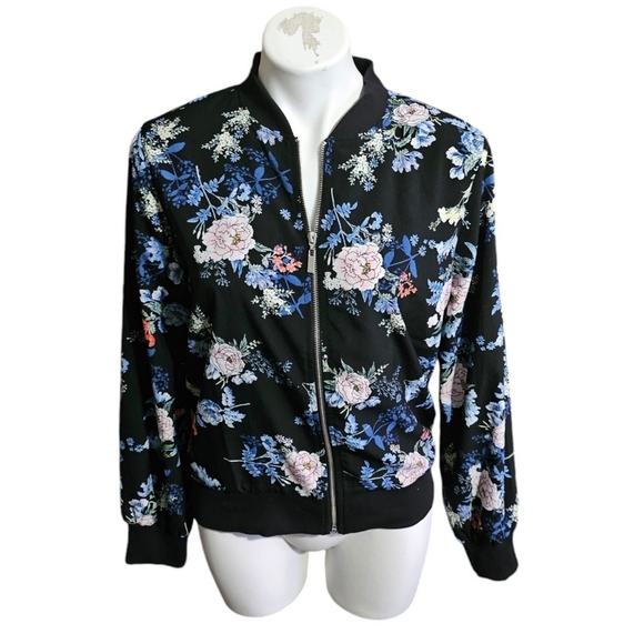 Charming Charlie Zip Front Floral Jacket Black Size S - Picture 1 of 9